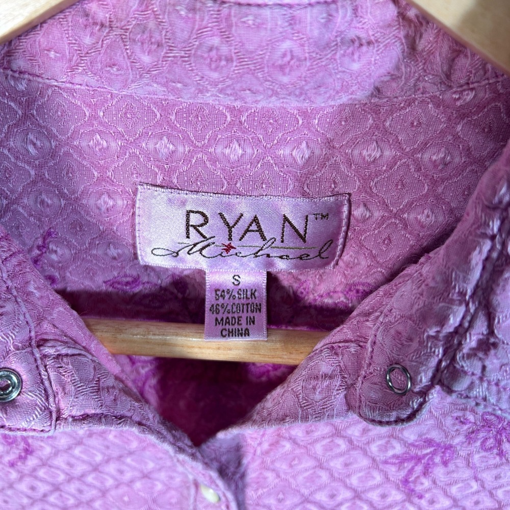 Ryan Michael Pink Silk Cotton Embroidered Western Pearl Snap Shirt Small S - Picture 7 of 11